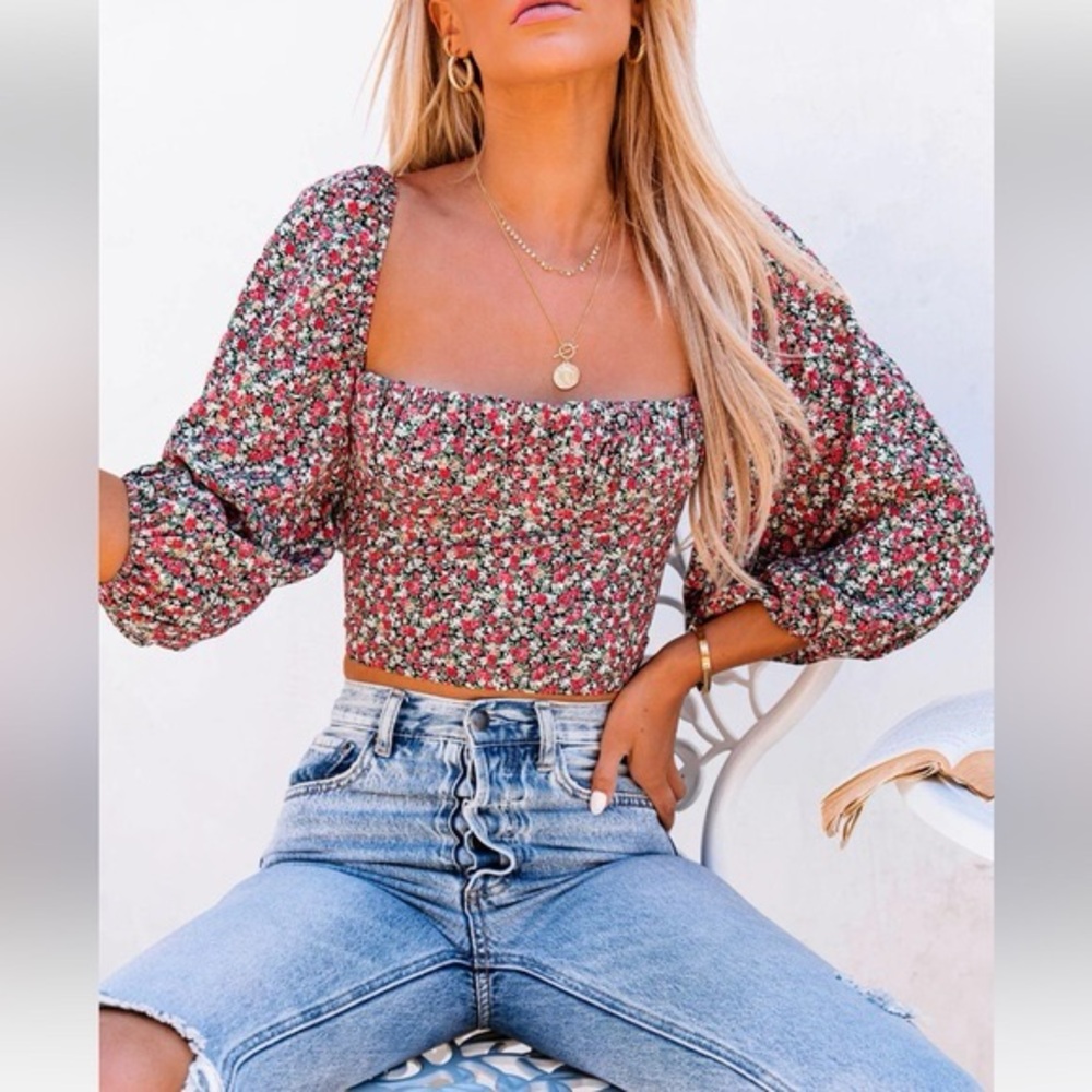 Floral Puff Sleeve Cottagecore Crop Top with Tie Back by Et Clet Romantic Girly